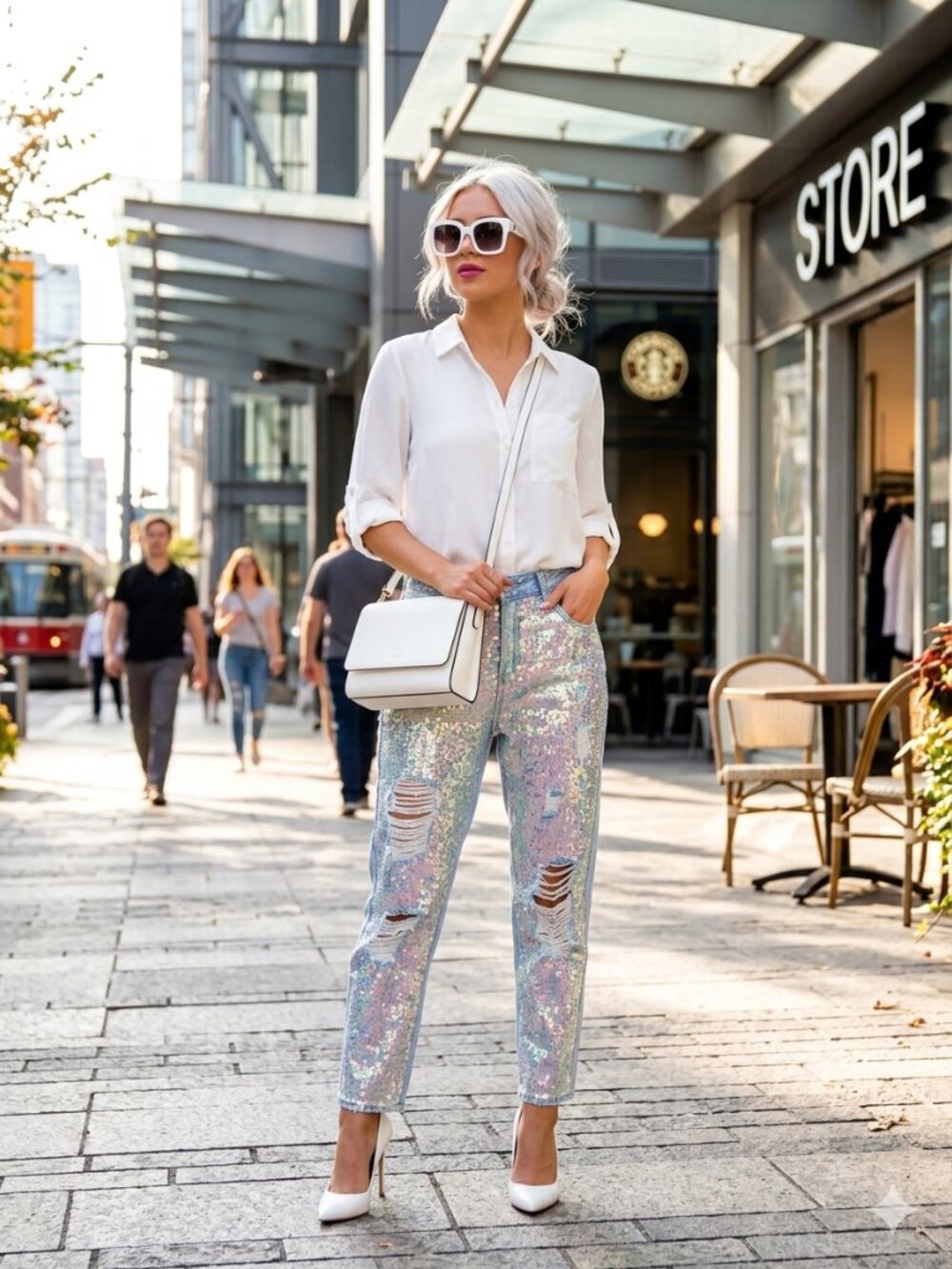 NWT LC Lizette Collection light wash blue denim sequin applique jeans, L